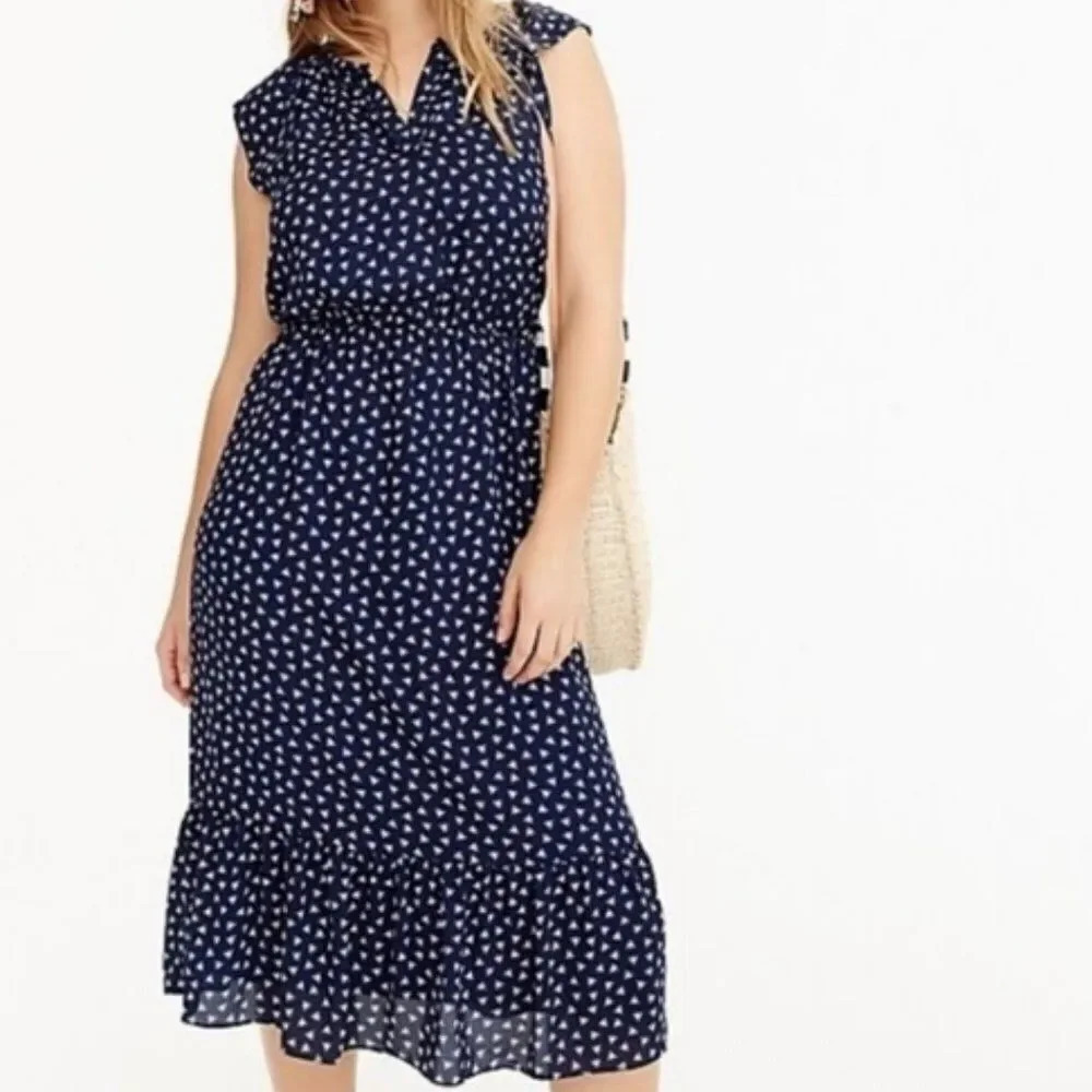 J. CREW Navy Midi Dress Navy White Dragonfly Cap Sleeve Size XS - Picture 11 of 11